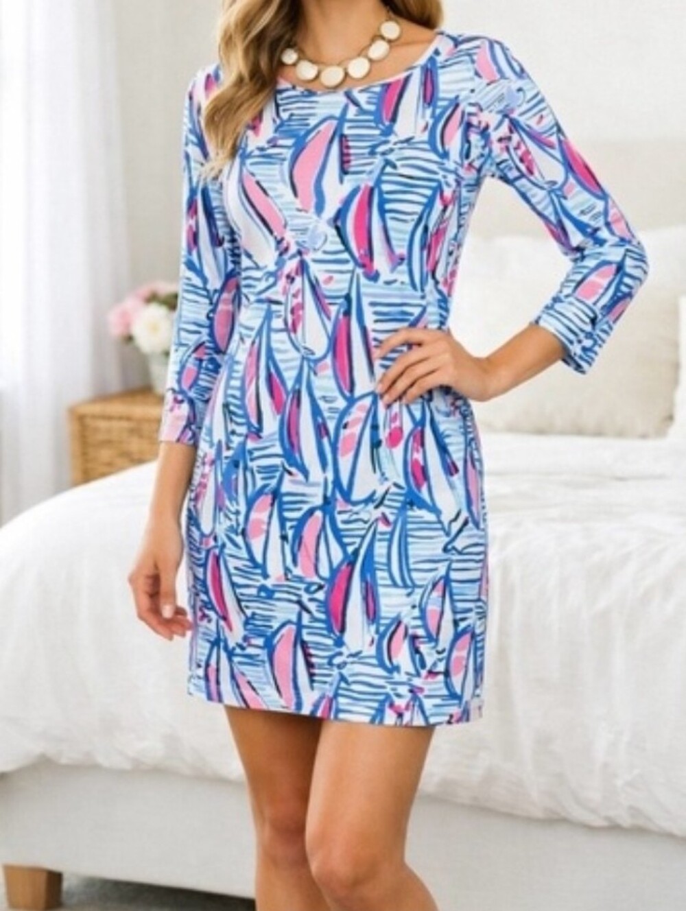 Lilly Pulitzer | The Marlowe Sailboat Print Pima Cotton Boatneck Nautical Dress. - Picture 2 of 13